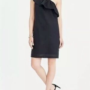 J.Crew Black Linen Blend Ruffle One Shoulder‎ Shift Dress Size S